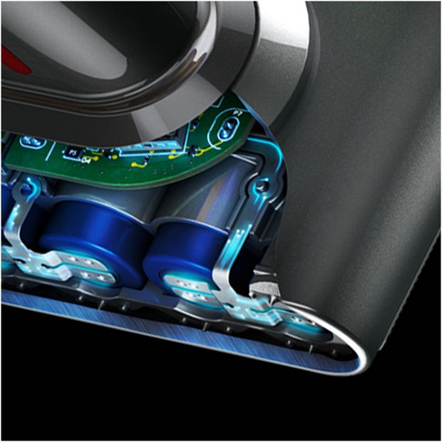 The battery pack has been cut away to reveal the cells and PCB inside.