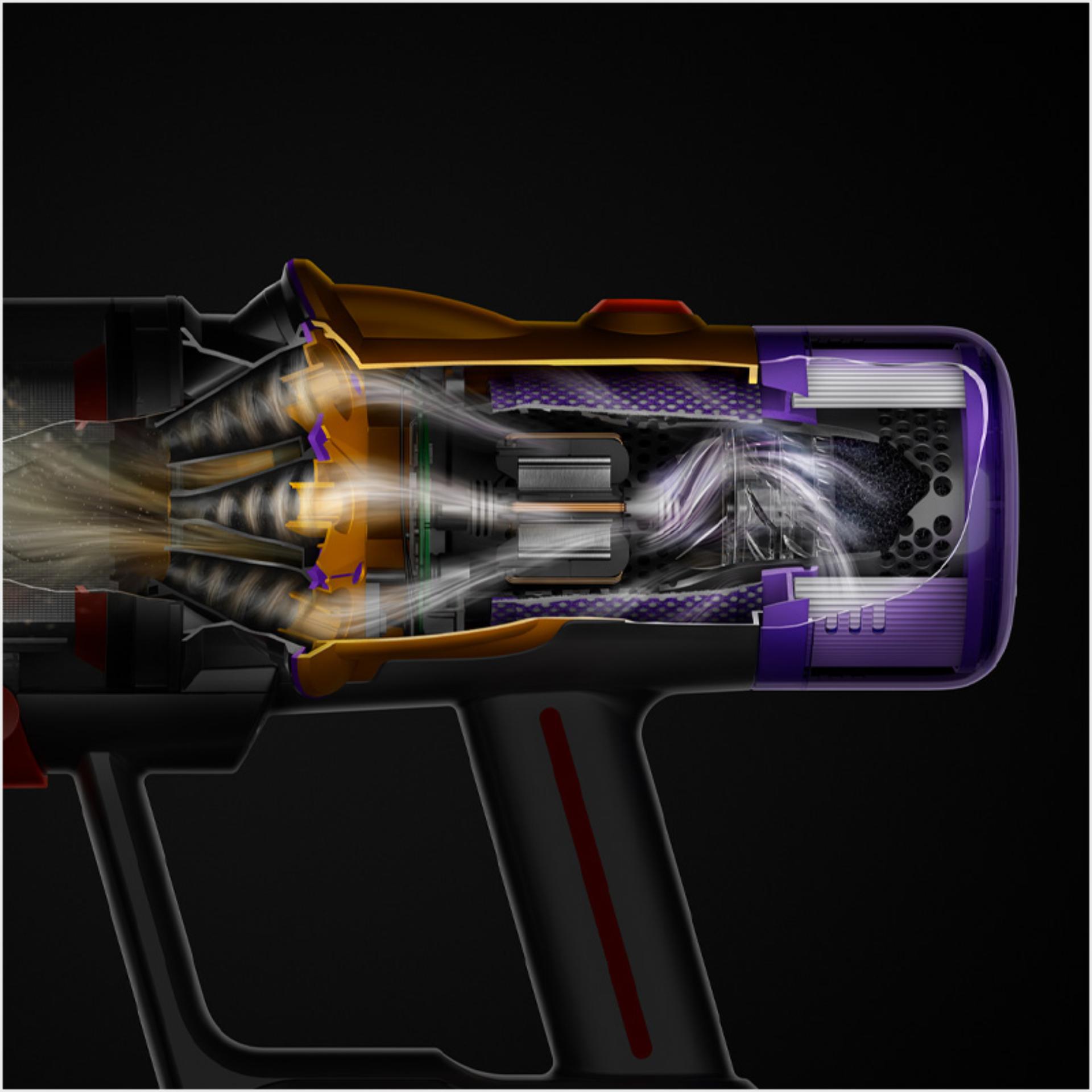 A cutaway of the side of a V12s showing debris being filtered throughout the machine.