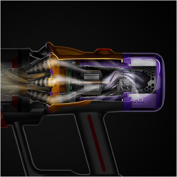 A cutaway of the side of a V12s showing debris being filtered throughout the machine.