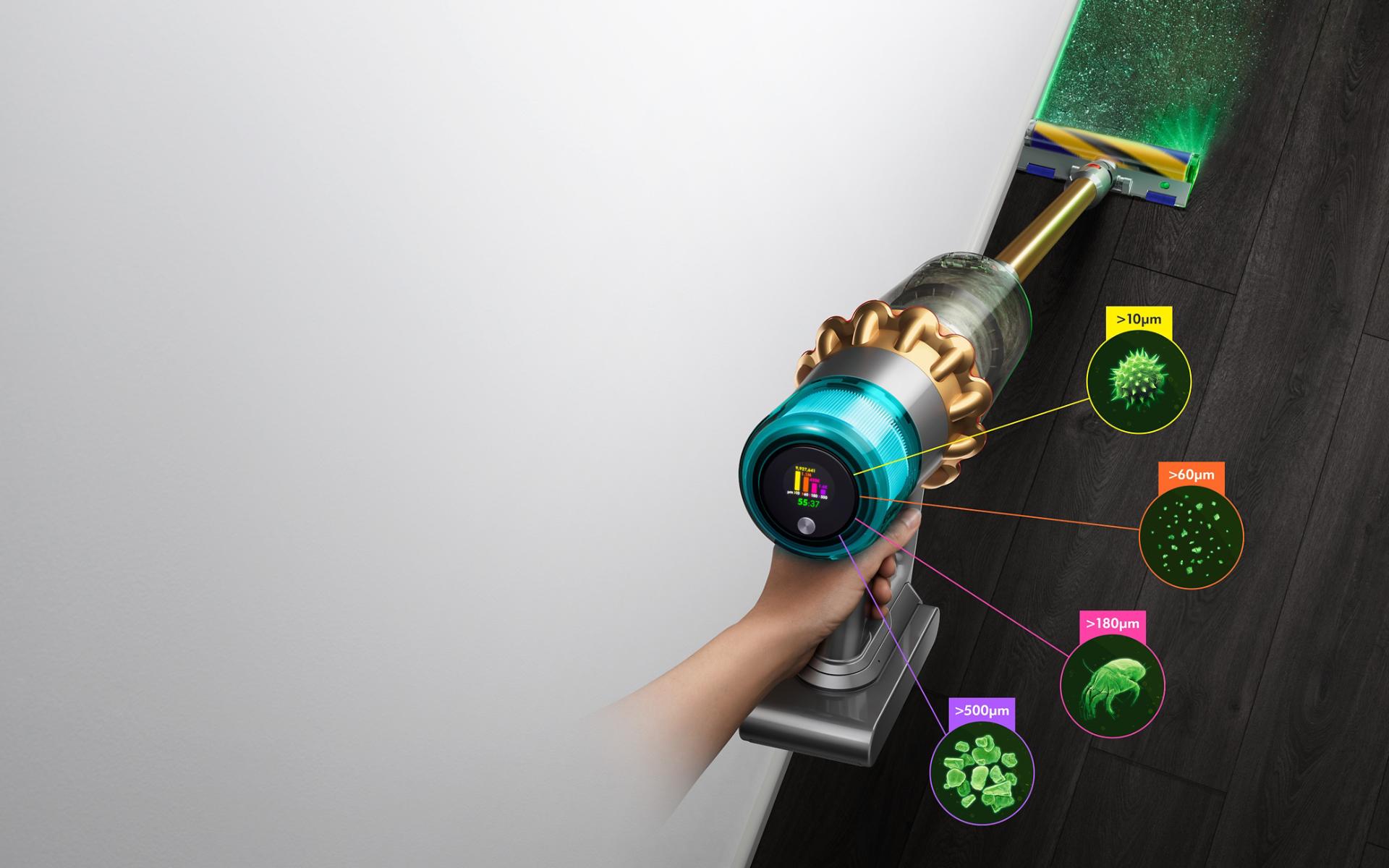 Dyson V15 Detect™ vacuum with Laser Slim Fluffy cleaner head, showing sizes of dust detected
