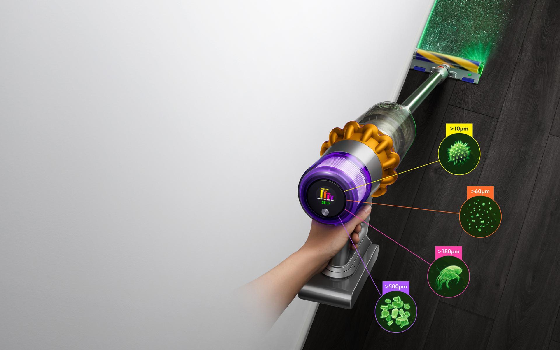 Dyson V15 Detect vacuum with Laser Slim Fluffy cleaner head, showing sizes of dust detected