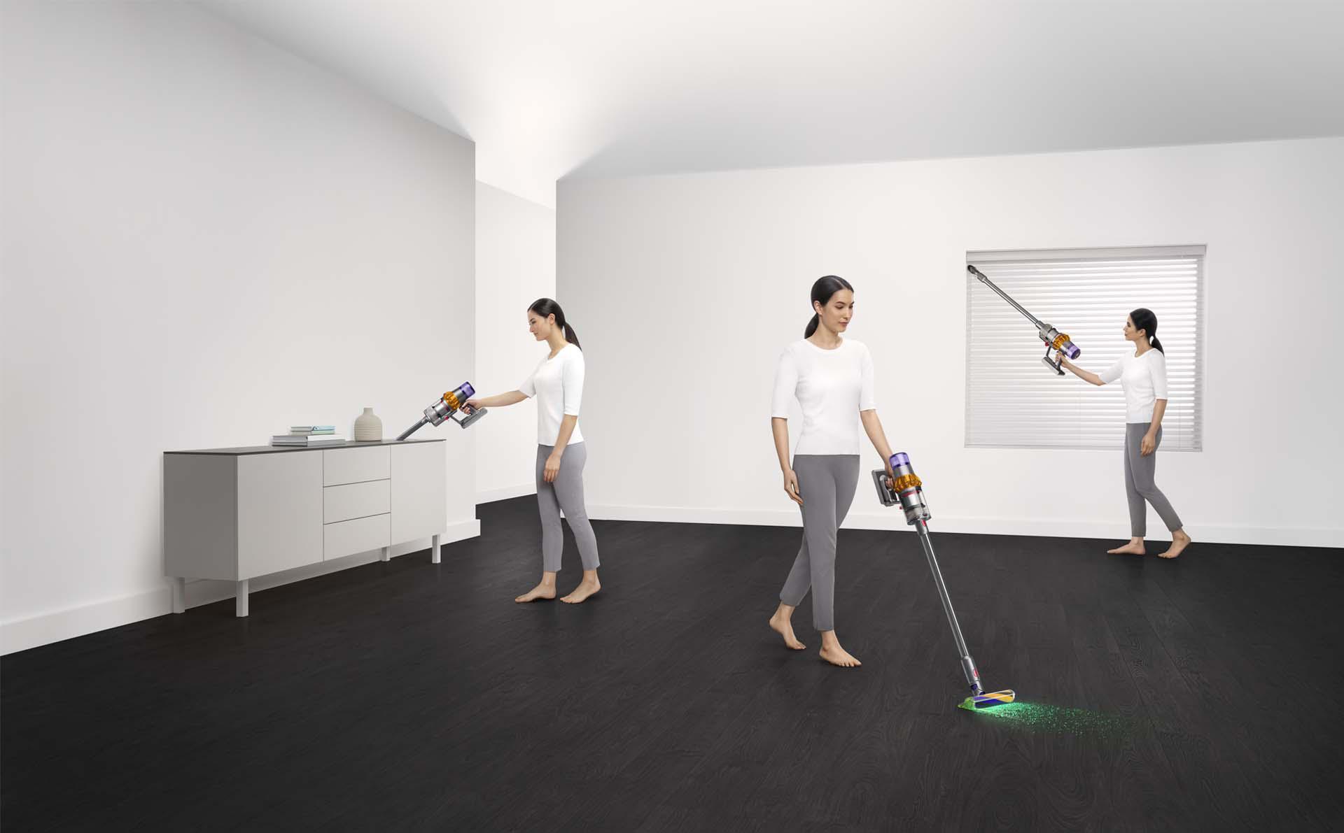 Woman cleaning in various places around the home
