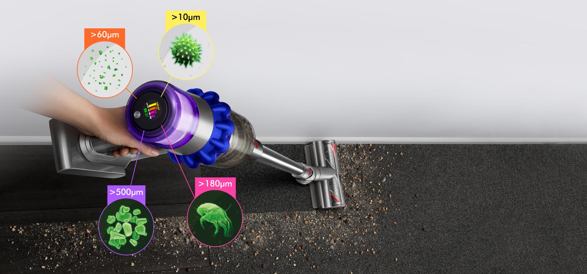 Dyson V15 Detect vacuum with Laser Slim Fluffy cleaner head, showing sizes of dust detected