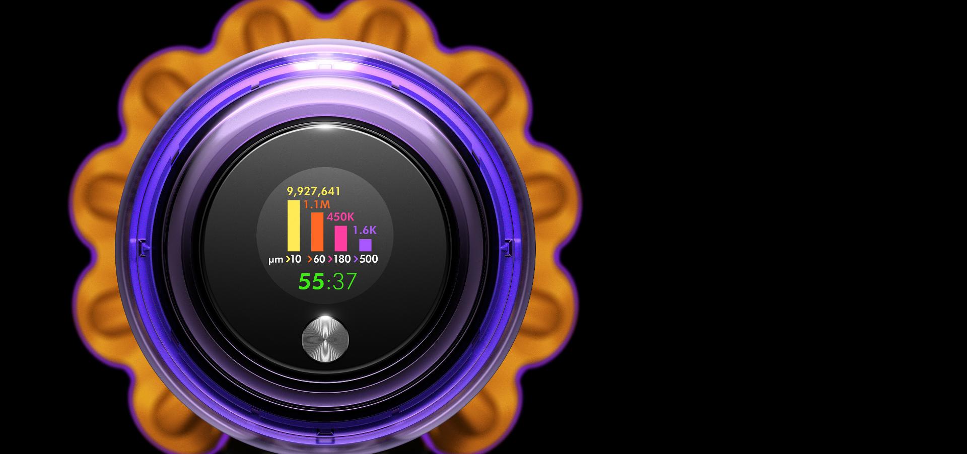 مشهد علوي لمكنسة Dyson V15s Detect Submarine يوضح زر التحديد وشاشة LCD للمستخدم بينما تعرض فترة التشغيل وأعداد الجسيمات.