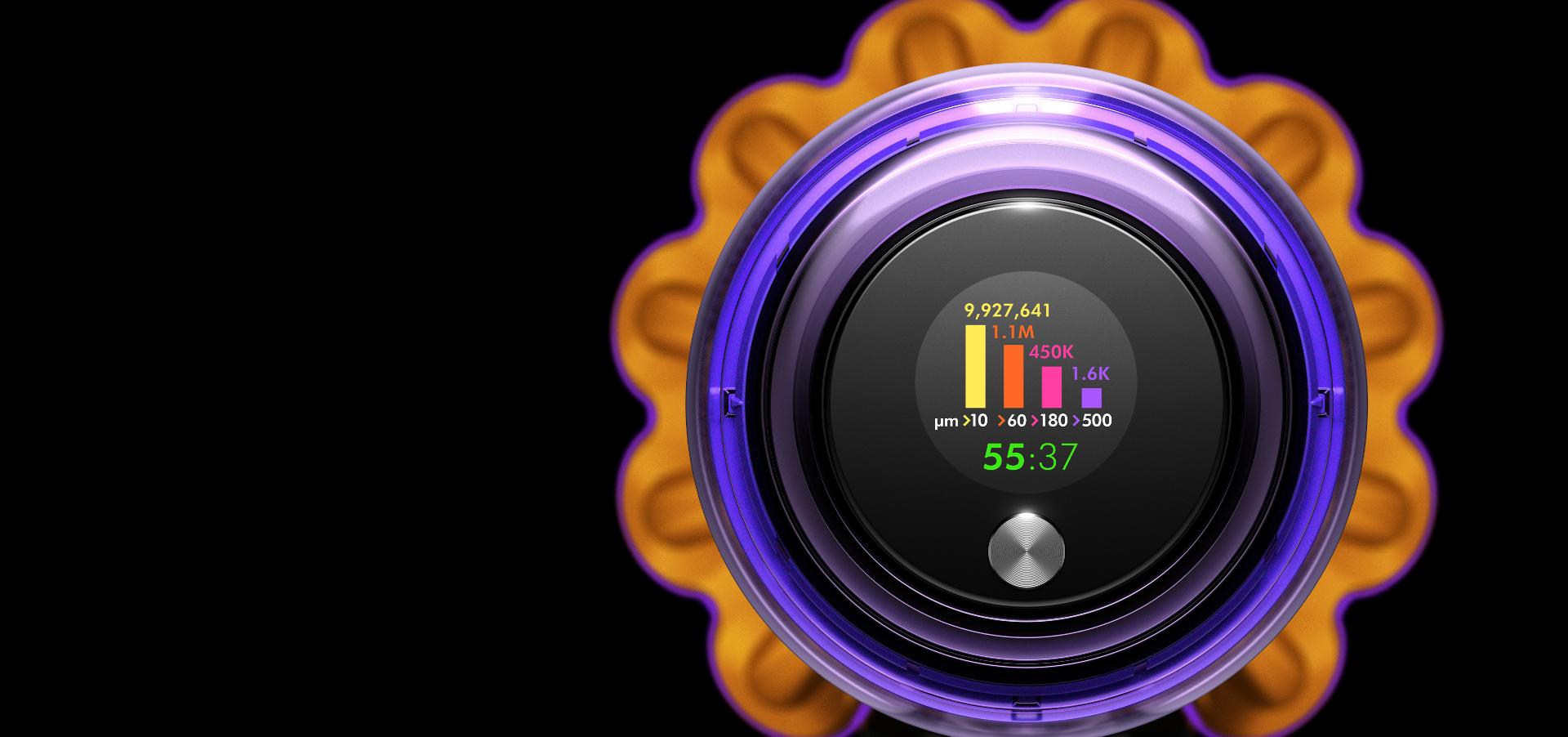 Çalışma süresini ve partikül sayımını gösteren LCD kullanıcı ekranı ve Seçim düğmesi ile Dyson V15s Detect Submarine'in üstten görünümü.