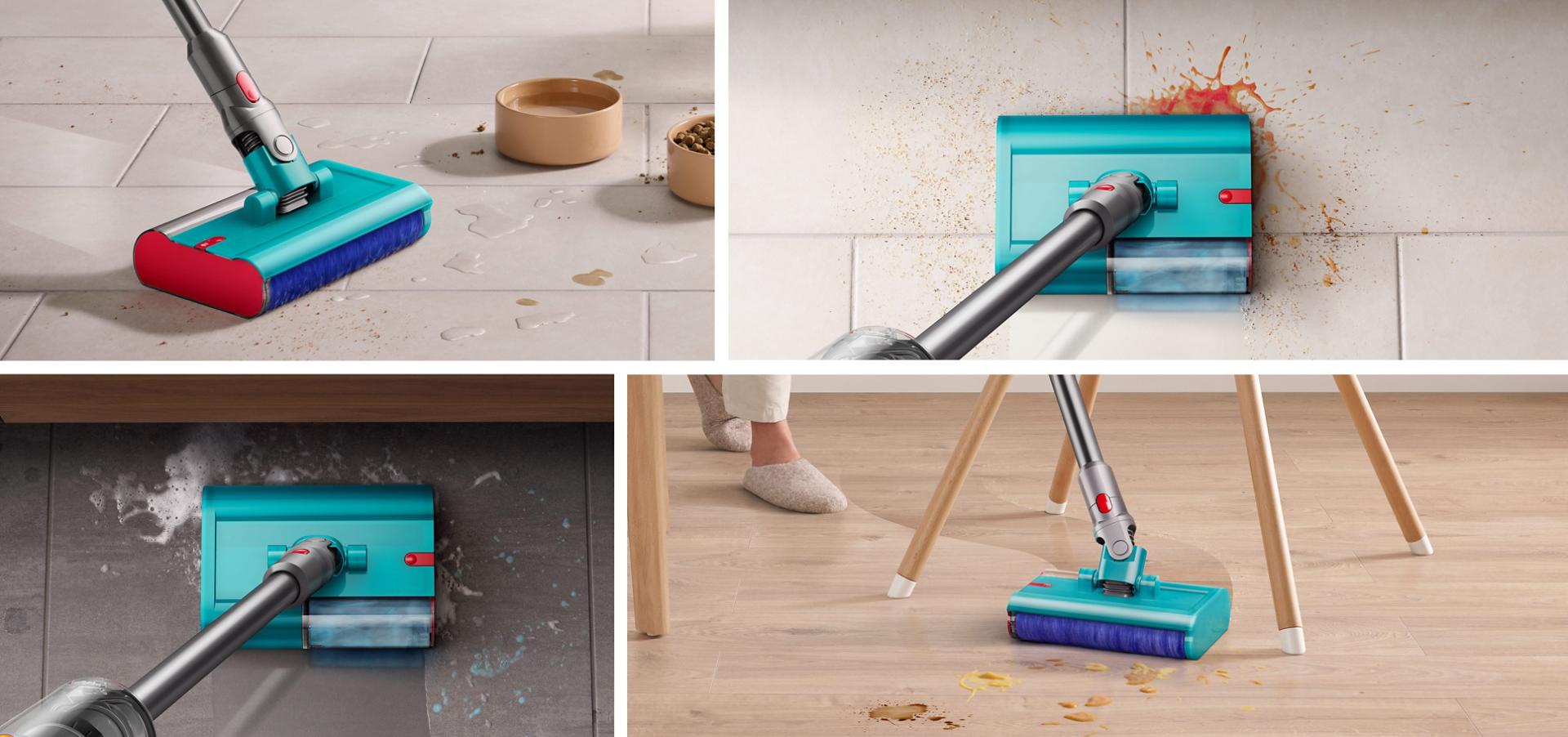 Split screen image of Dyson Submarine cleaner head cleaning up debris in 4 different scenarios.