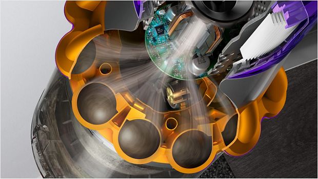 A cutaway of the side of a Dyson V15s Detect Submarine showing the motor spinning.