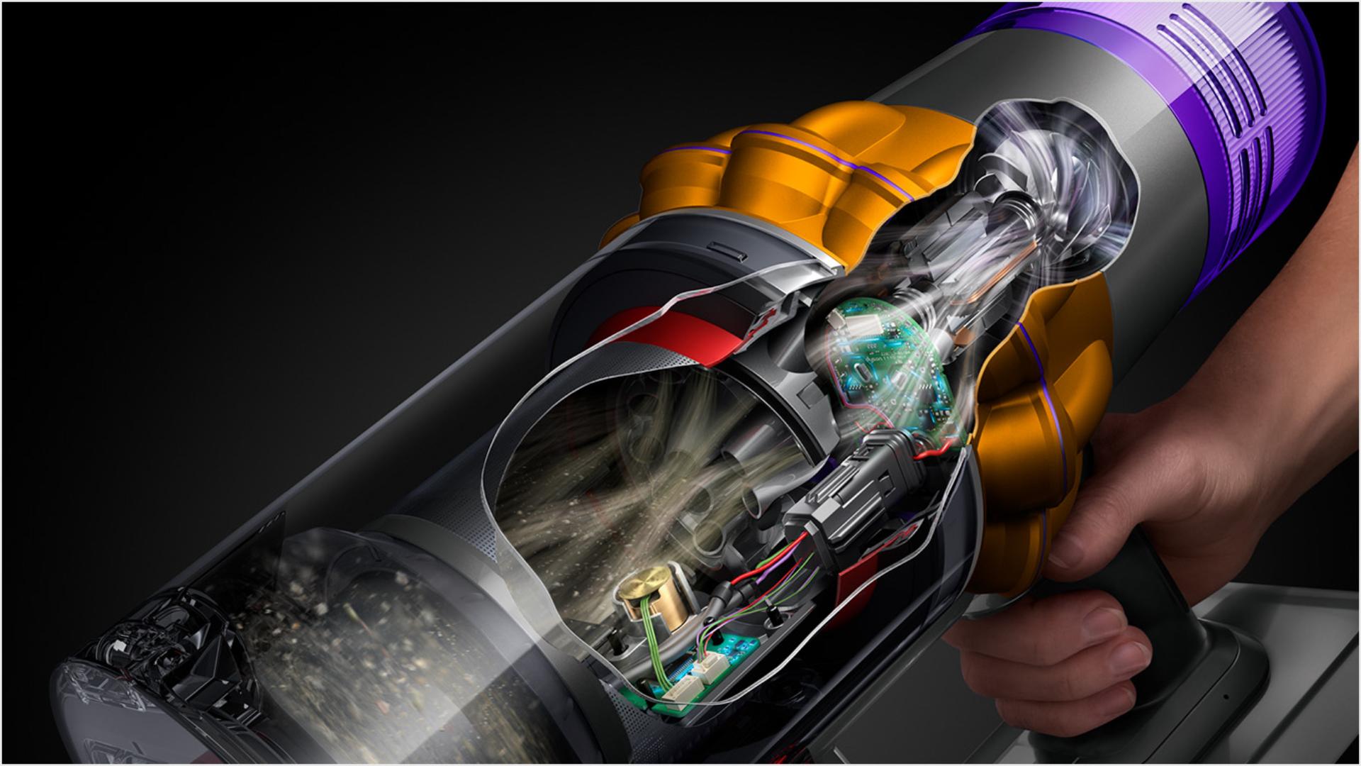 A cutaway of the side of a Dyson V15s Detect Submarine showing debris being filtered throughout the machine.