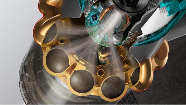 Dyson V15s Detect Submarine sānu šķērsgriezumā redzama motora griešanās.