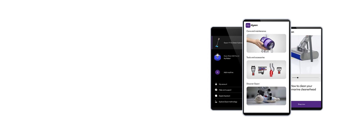 Three phone screens showing the MyDyson app.