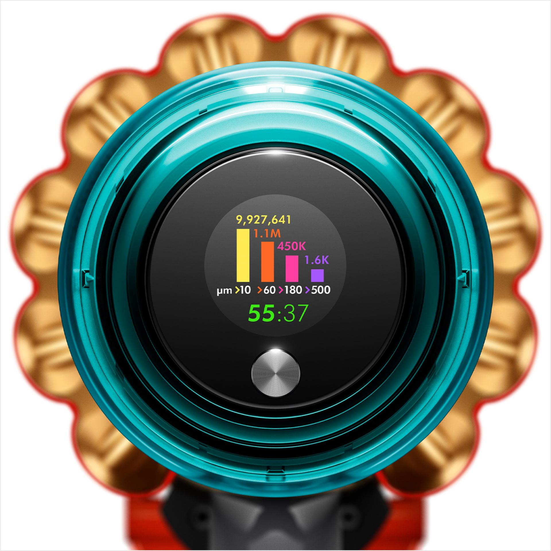 Una pantalla LCD mostrando en tiempo real el conteo de partículas