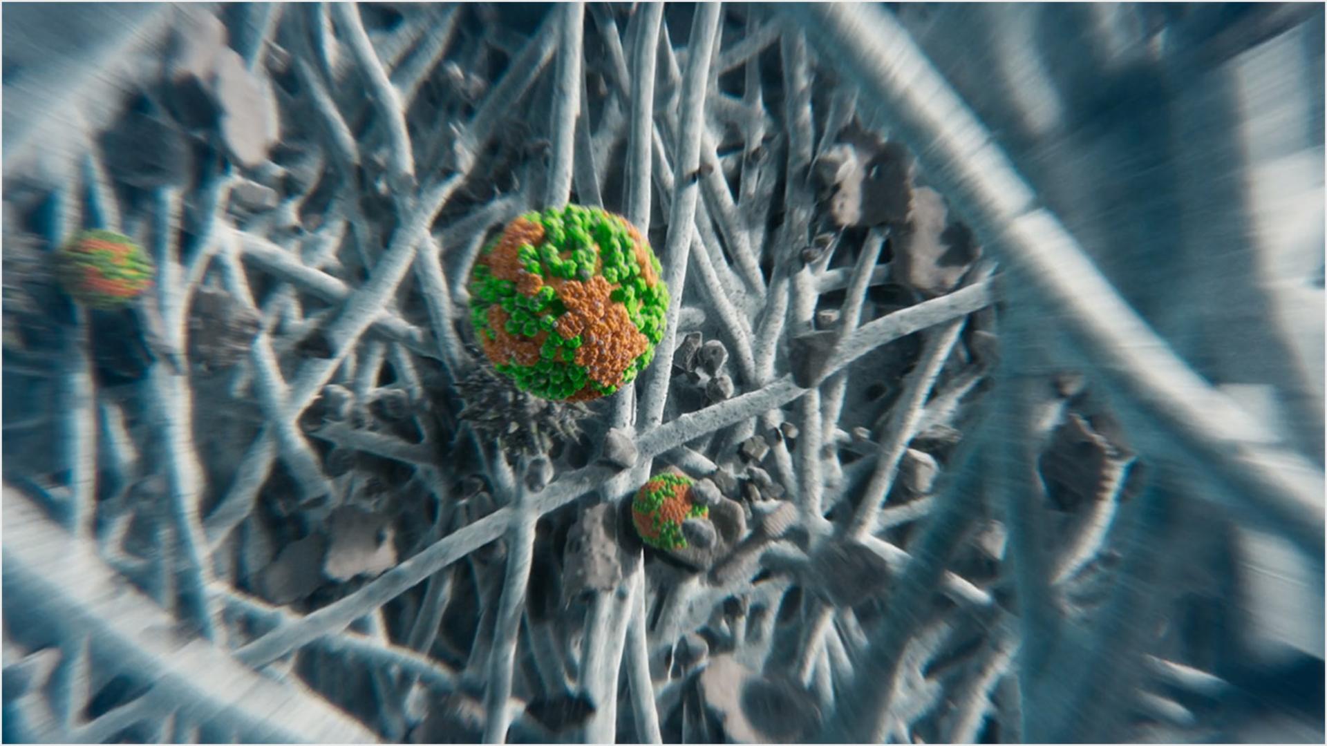 لقطة لمنظومة فلترة دايسون المتطورة من الداخل تعرض الجسيمات المحتجزة.