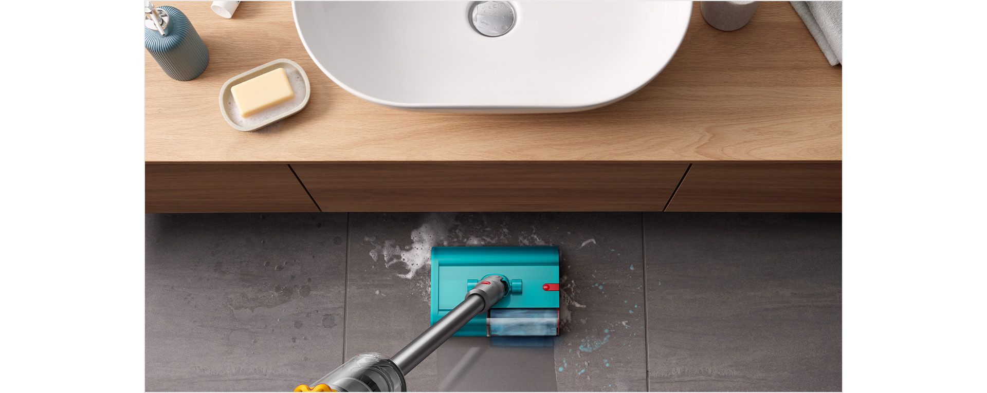 Dyson V15s Detect Submarine wet roller head cleaning a tiled bathroom floor.