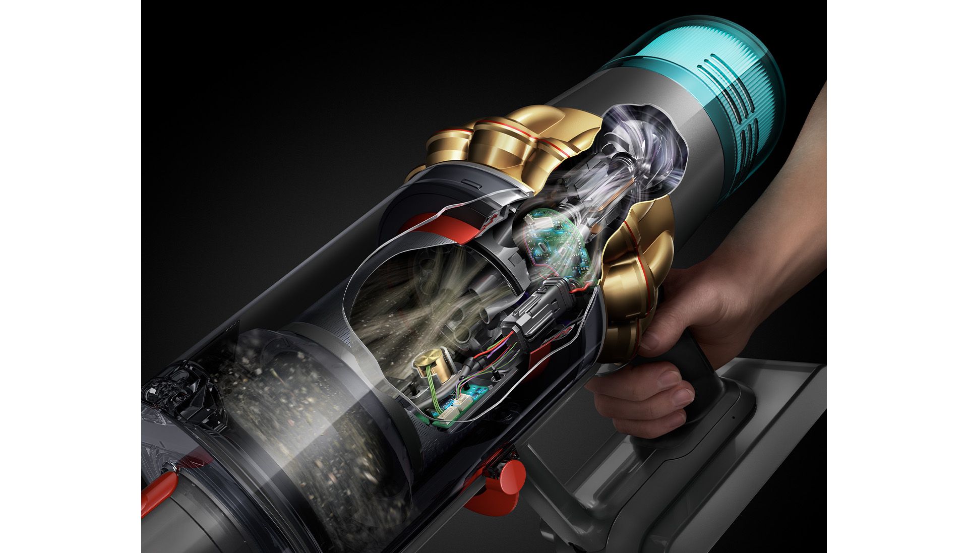Gráfico que muestra tecnología dentro de una aspiradora Dyson.