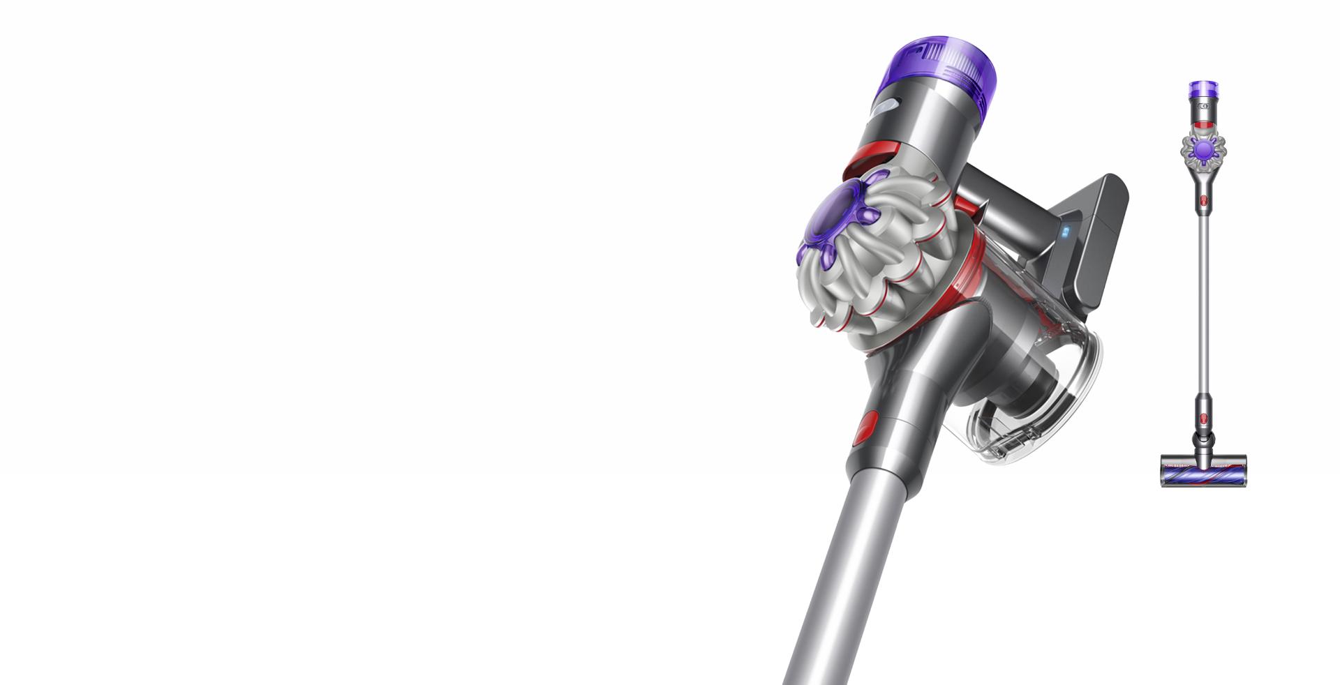 View from side on and infront of Dyson V7 Advanced vacuum cleaner