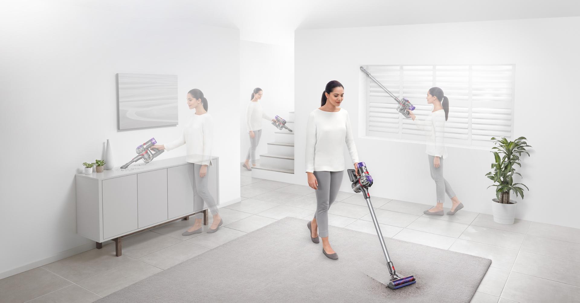 Dyson V7 advanced vacuum cleaning hard floors and a sofa.