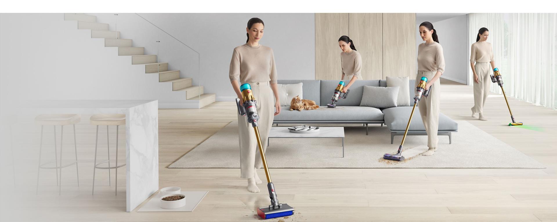Woman cleaning with Dyson vacuum in various scenarios.