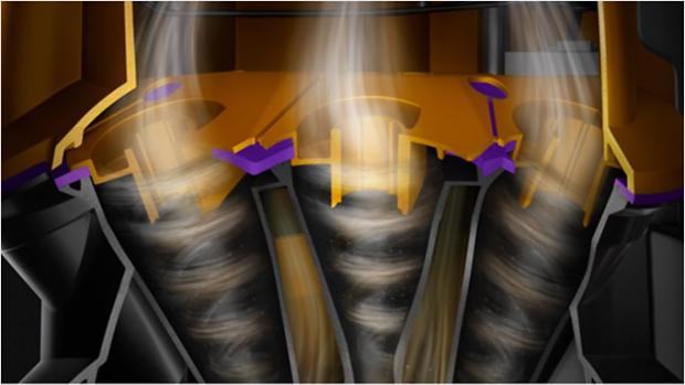 A cutaway of the side of a V12s Origin Submarine showing debris being filtered throughout the machine.