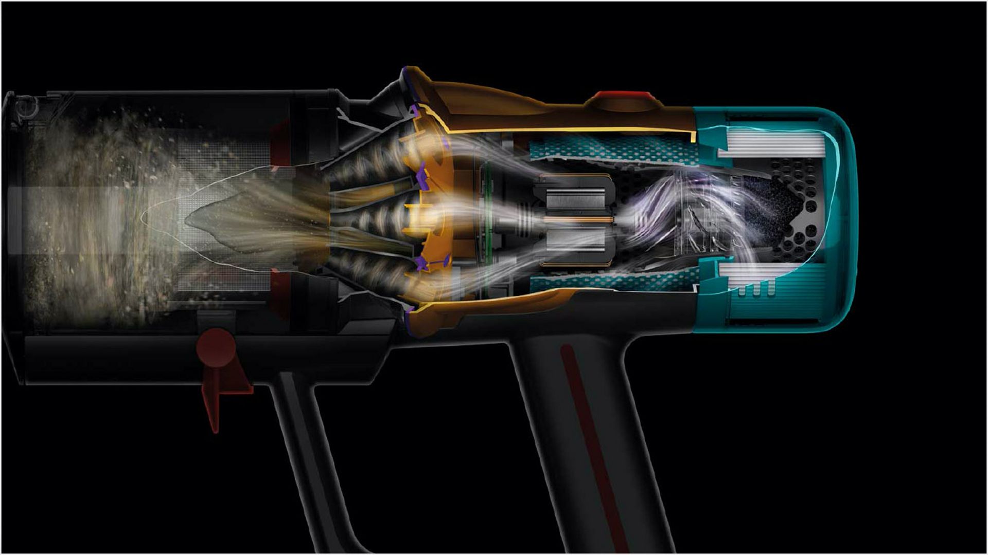 Inside Dyson’s advanced filtration system showing trapped particles.