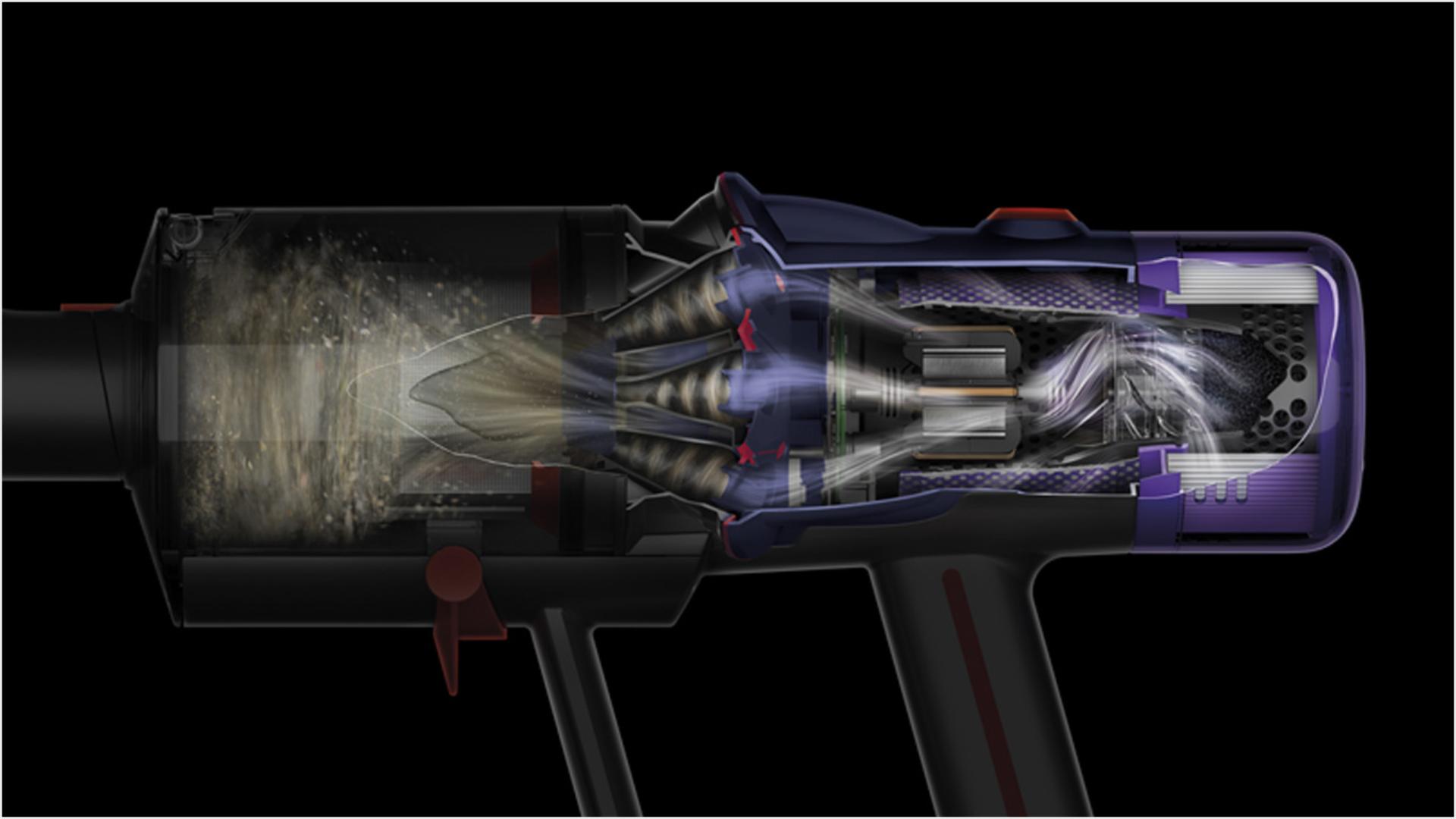 Inside Dyson’s advanced filtration system showing trapped particles.