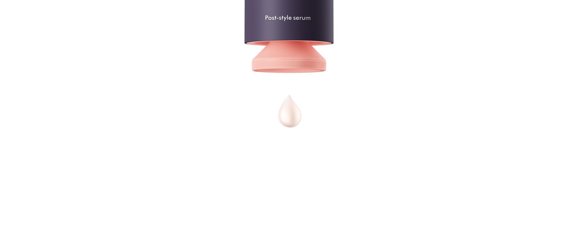 Dyson Chitosan™ Post-style serum pump-bottle with a droplet of product.