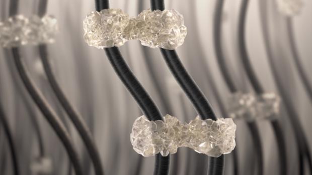 A computer visualisation of brittle bonds between hairs.