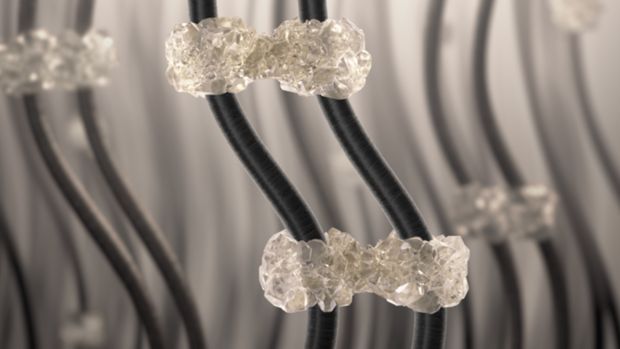 A computer visualisation of brittle bonds between hairs.