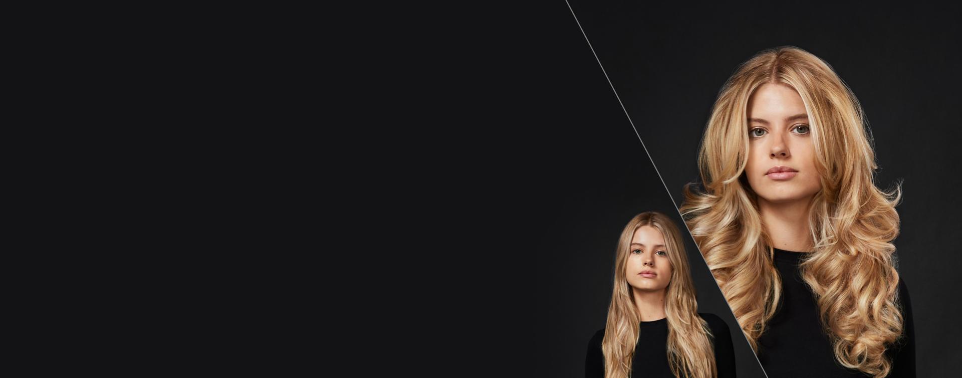 A blonde model. Her long, straight hair on the left is unstyled. Her hair on the right is in voluminous curls.