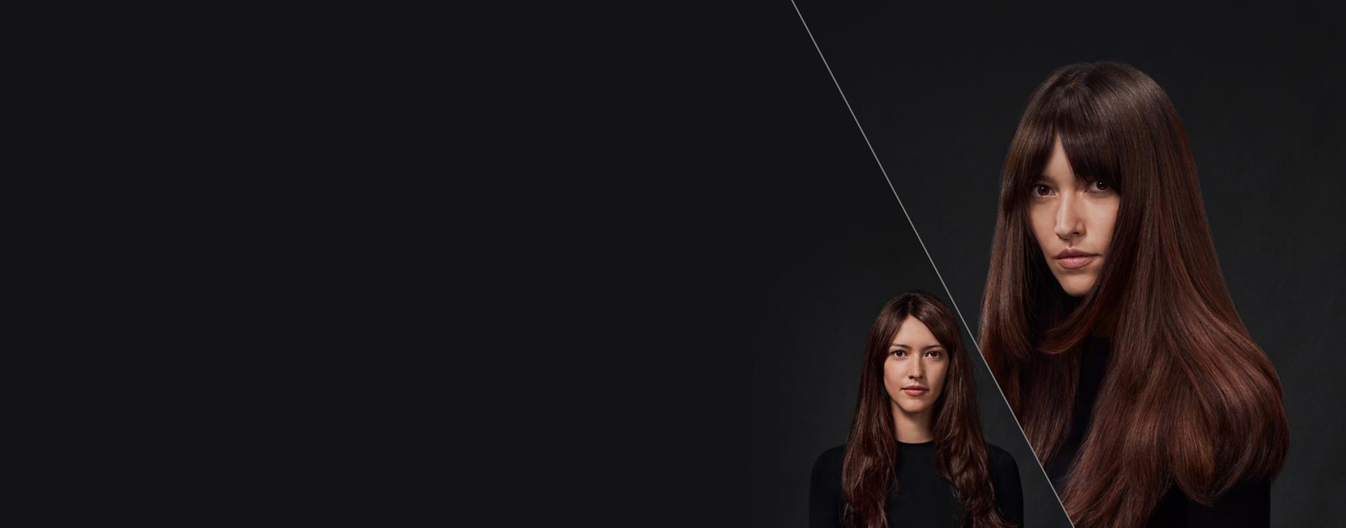 A brunette model. On the left, her long, wavy hair is unstyled. On the right, it is smooth and styled.