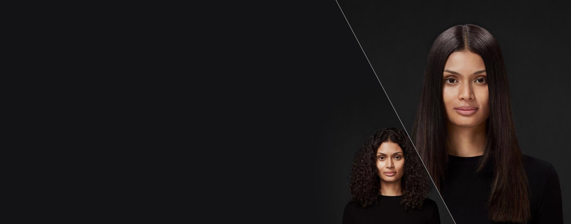 A model with black hair. On the left, her long, curly hair is unstyled. On the right, it is styled straight and smooth.