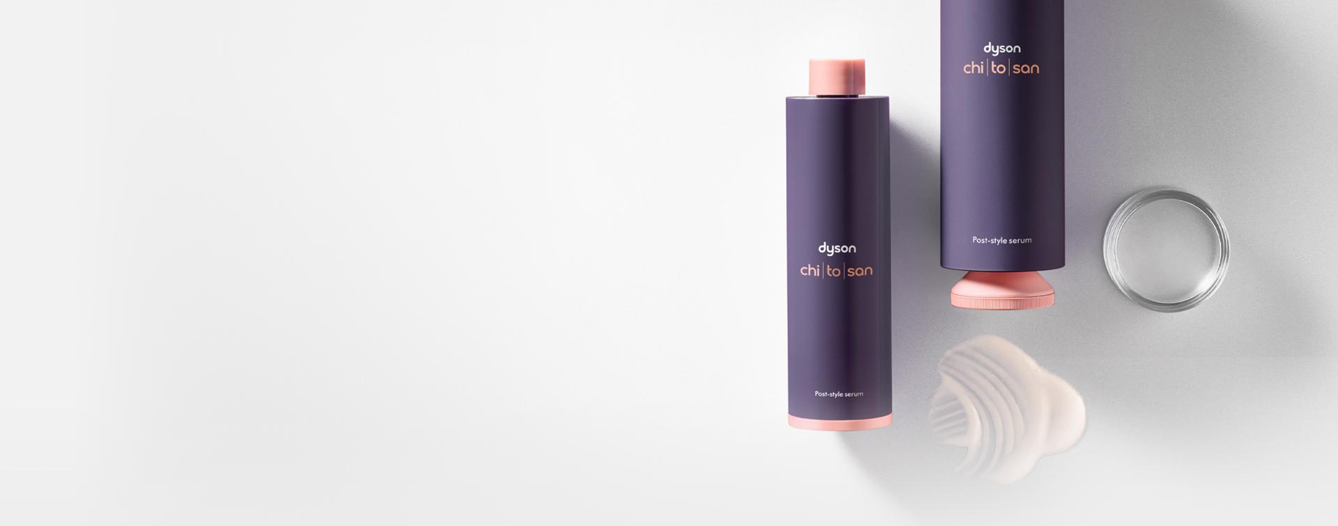 A Dyson Chitosan Post-style serum pump-bottle, cap and refill cartridge