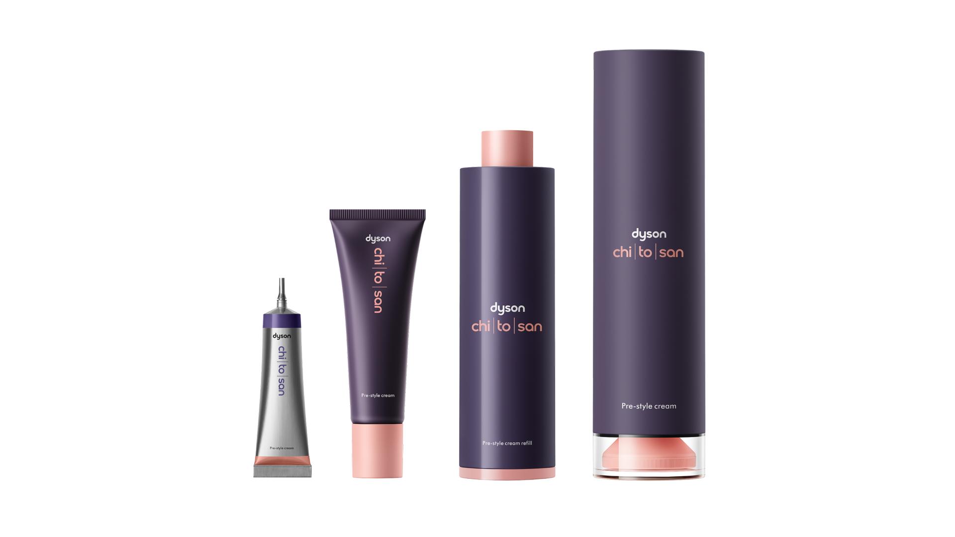 Dyson Chitosan v tubě, náhradní náplni a lahvi s pumpičkou