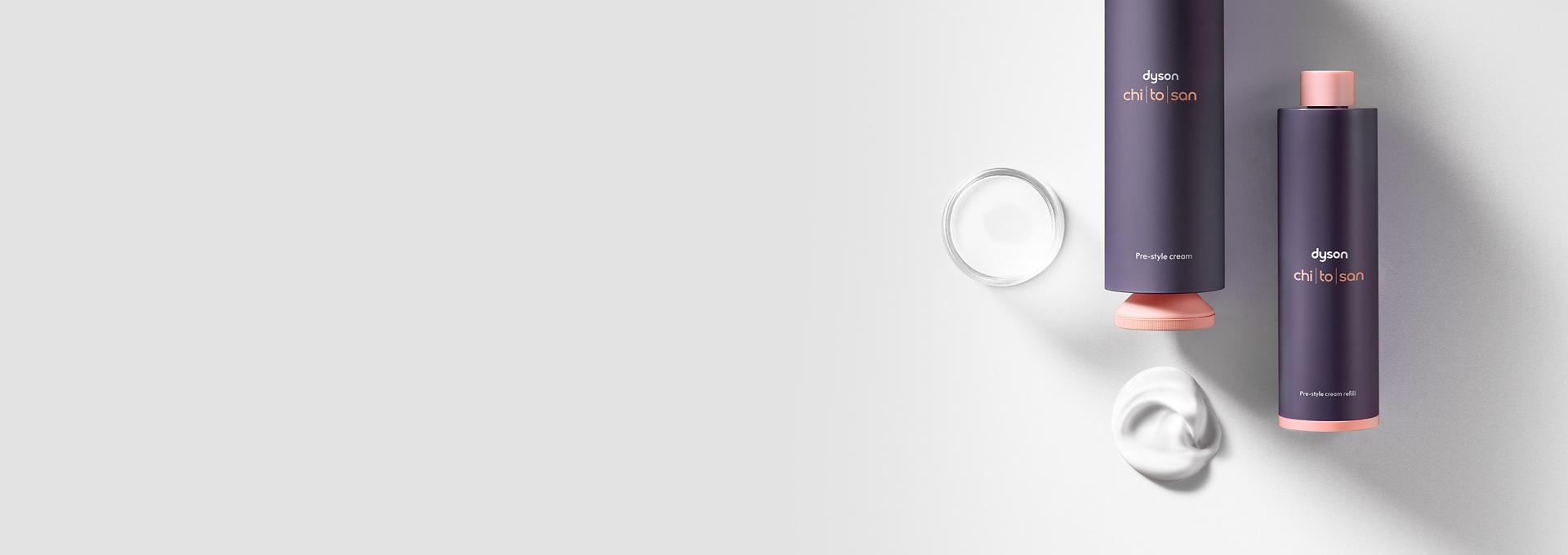 Full-size Pre-style cream bottle and refill cartridge with swatch of product.