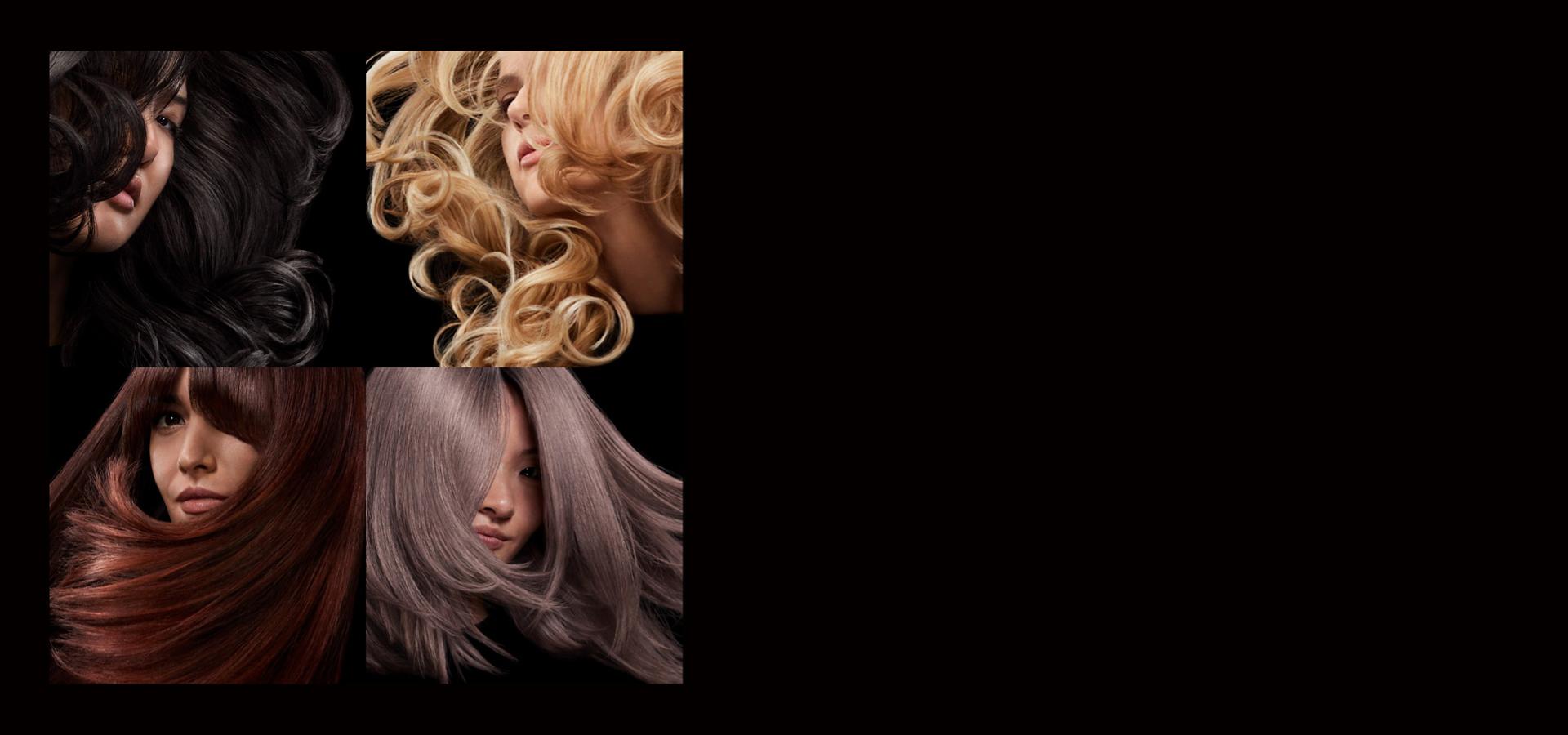 Four models in grid formation, showcasing different hair types, colours and styles.