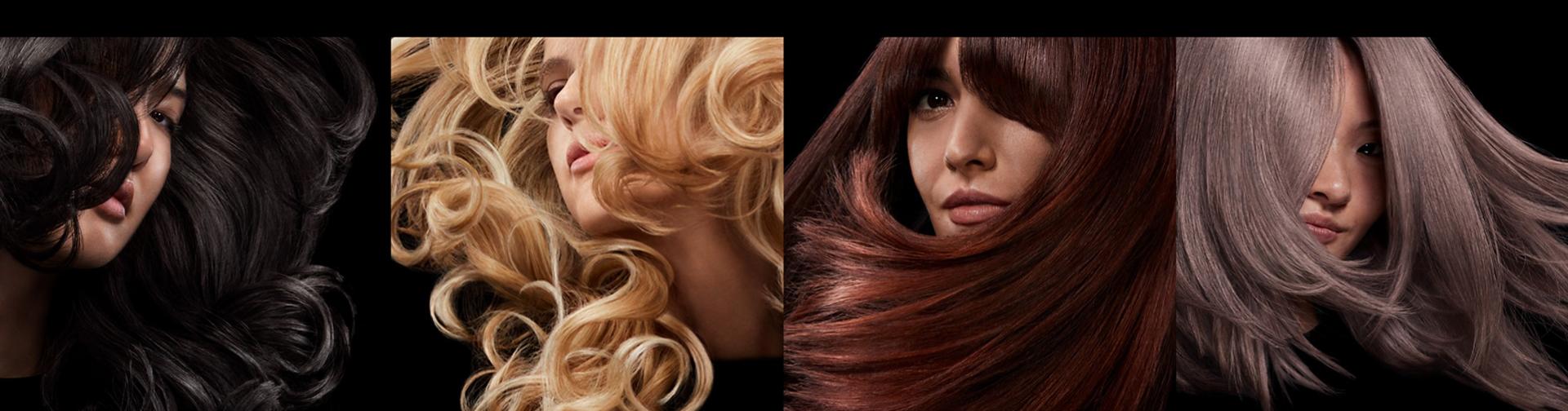 Four models in grid formation, showcasing different hair types, colours and styles.