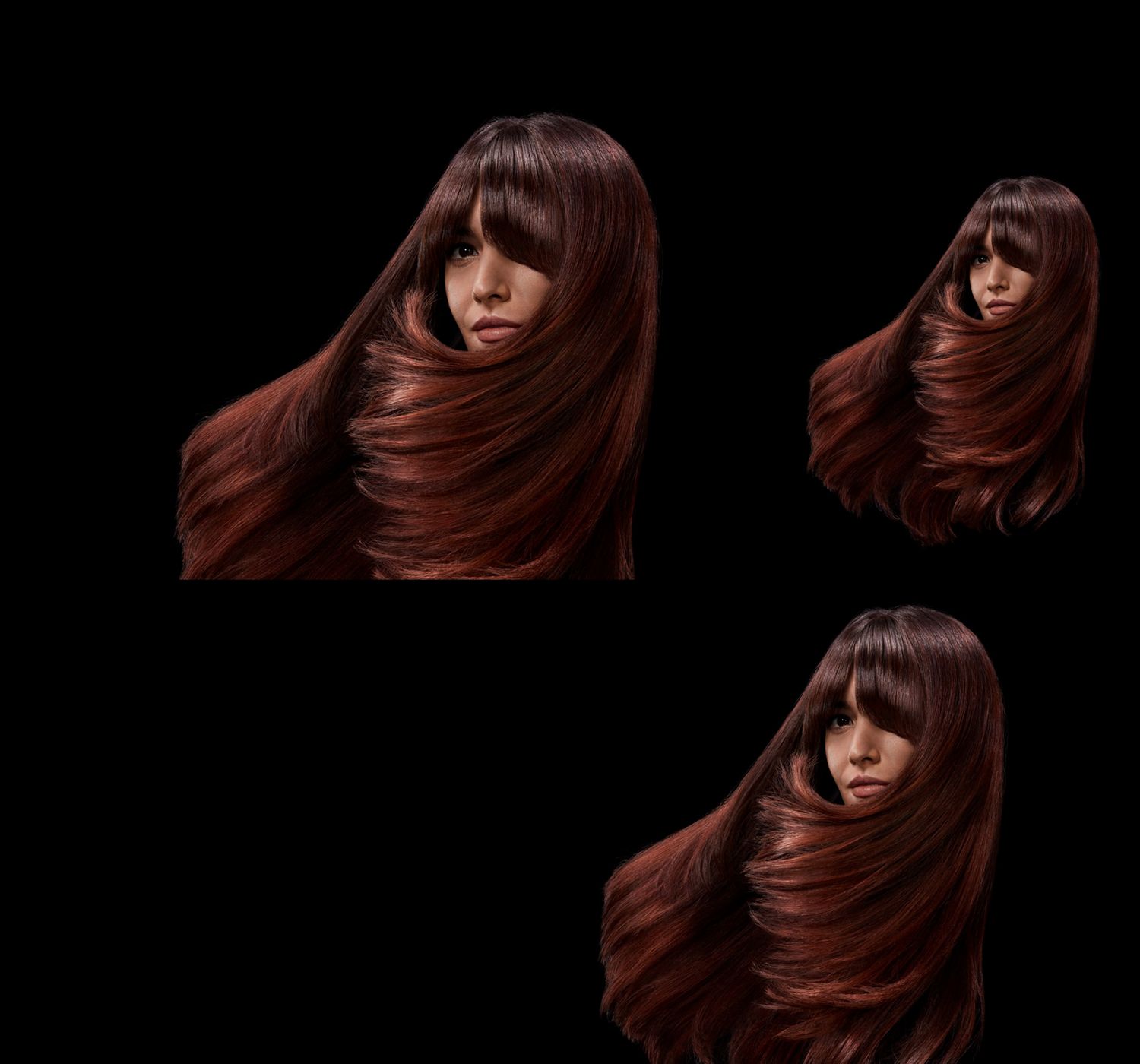 Femme avec des cheveux roux lisses sur un fond noir