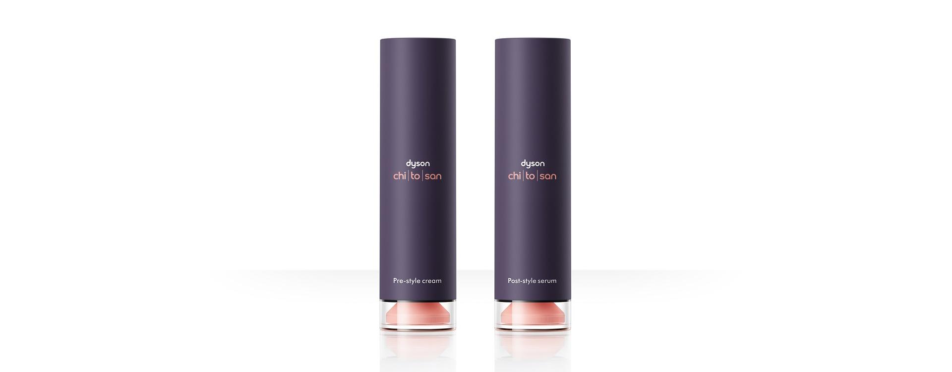 Dyson Chitosan Pre-style cream and Post-style serum, side by side.