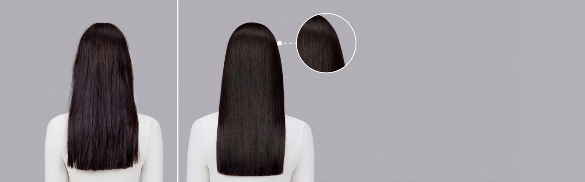 Dyson Chitosan Pre-style cream before and after results on straightened hair.