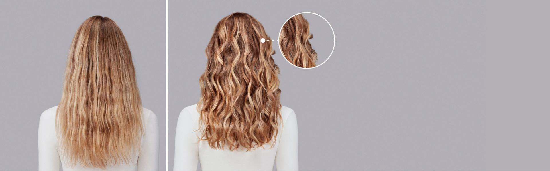 Dyson Chitosan Pre-style cream before and after results on wavy blonde hair.