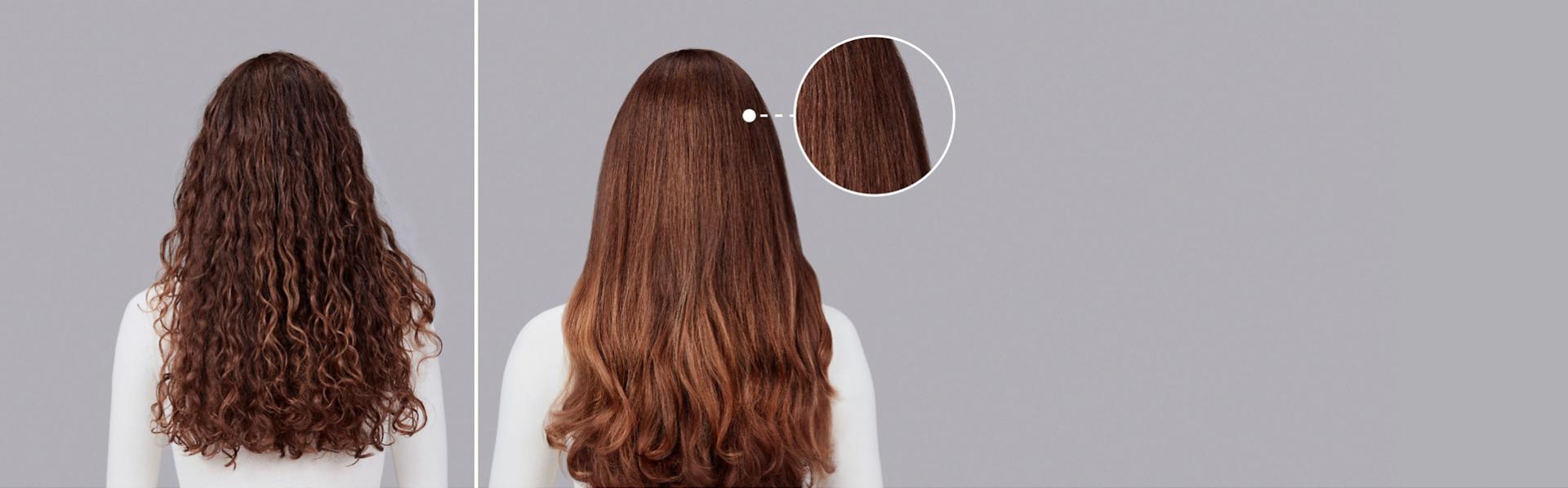 Dyson Chitosan Pre-style cream before and after results on light-brown curly hair.