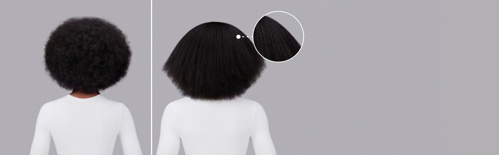 Dyson Chitosan Pre-style cream before and after results on dark-brown coily hair.