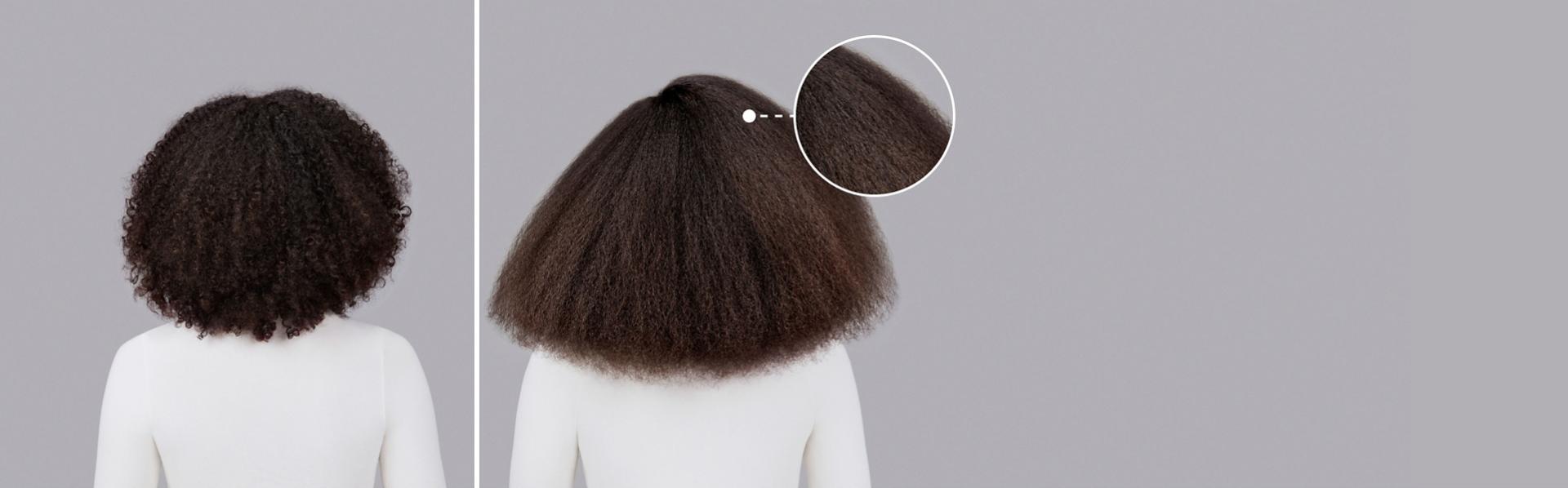 Dyson Chitosan Pre-style cream before and after results on brown coily hair.