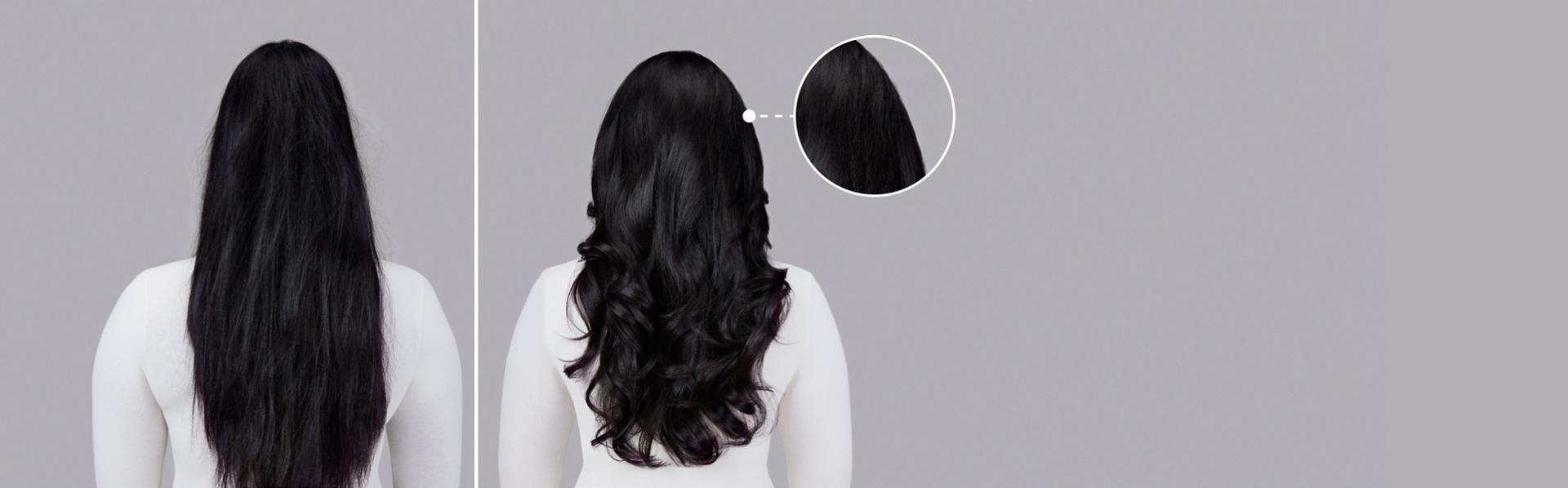 Dyson Chitosan Pre-style cream before and after results on straight dark hair.