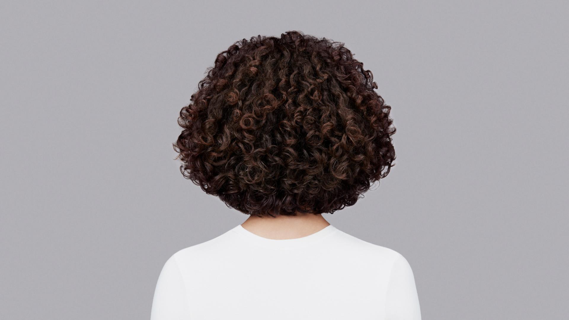 Naturally curly dark brown hair styled with Dyson Chitosan Pre-style cream and the Dyson Supersonic r. Seen from behind.