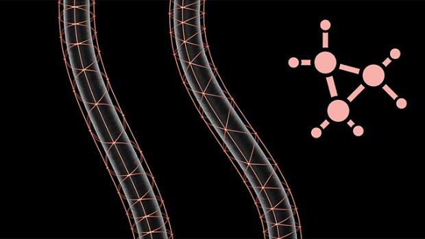 Prim-plan microscopic al șuvițelor de păr înconjurate de structuri delicate în formă de pânză aurie.