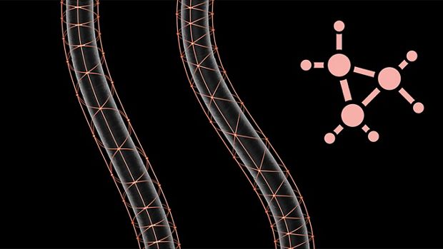 Prim-plan microscopic al șuvițelor de păr înconjurate de structuri delicate în formă de pânză aurie. 