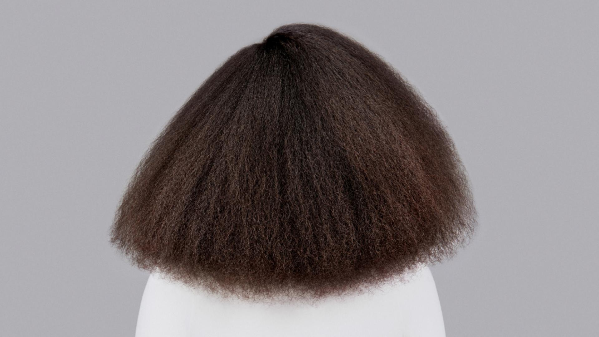 Naturally coily dark brown hair styled with Dyson Chitosan Pre-style cream and the Dyson Supersonic Nural. Seen from behind.