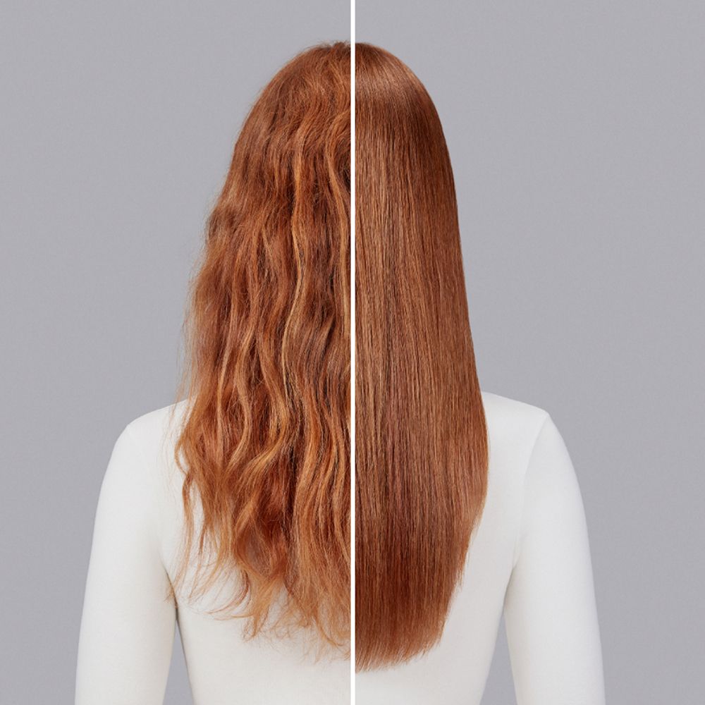 A before and after of a blonde model styling her hair with Dyson Chitosan Pre-style cream.
