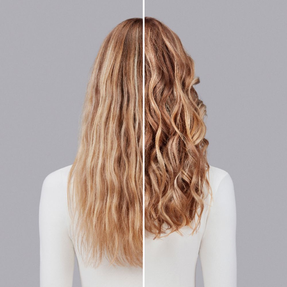 A before and after of a blonde model styling her hair with Dyson Chitosan Pre-style cream.
