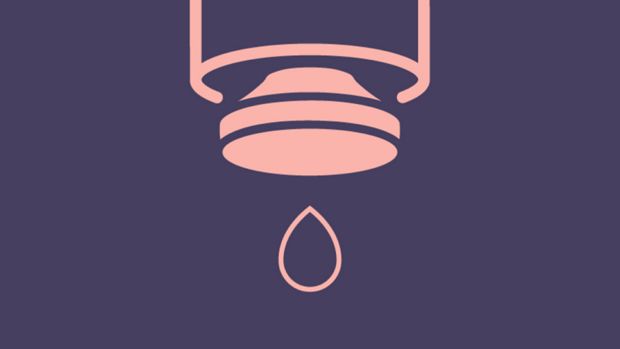 Pump mechanism icon, in pink on a purple background.